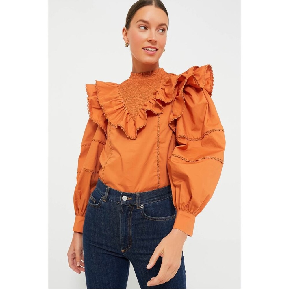 Tuckernuck Burnt Orange Ruffled Smocked-Neck Puff-Sleeve Blouse